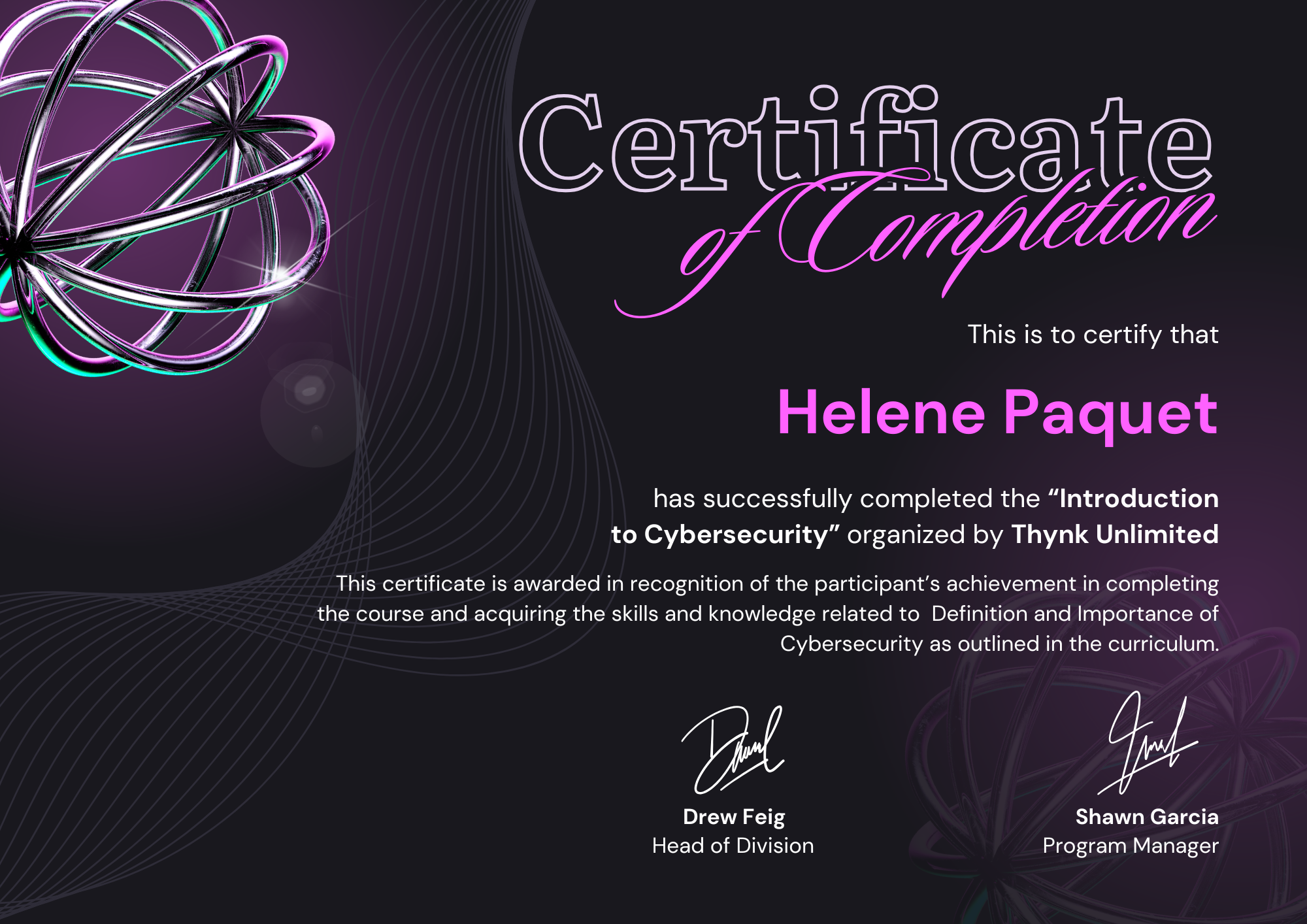 Black Purple Abstract 3D Certificate of Completion