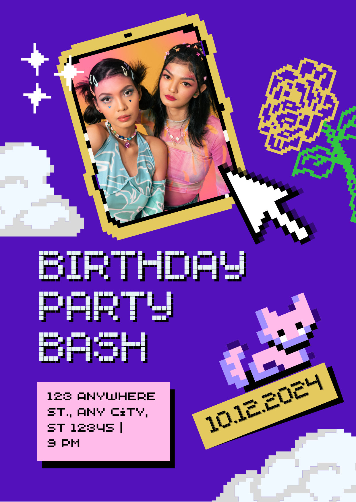 Purple Colorful Pixelation Birthday Party Invitation